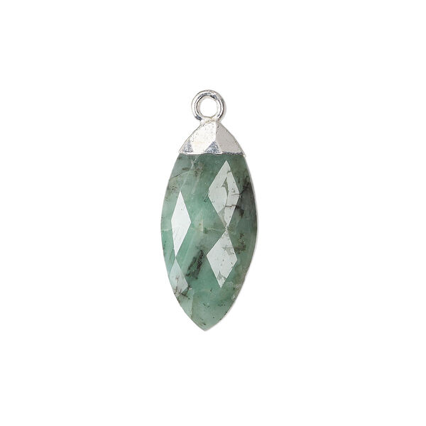 Emerald / copper / sterling silver 1pkg1, silver-plated hand-cut faceted puffed marquise drop C grade, 19x9mm image number 0