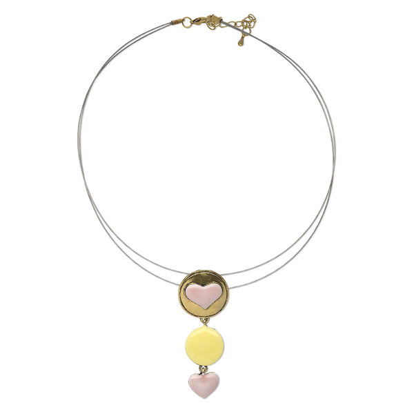 Necklace, 2-strand, antiqued gold-finished "pewter" (zinc-based alloy) and steel, yellow and pink, 68x26mm heart and circle dangle, 16 inches with lobster claw clasp and 3-inch extender chain. Sold individually. image number 0