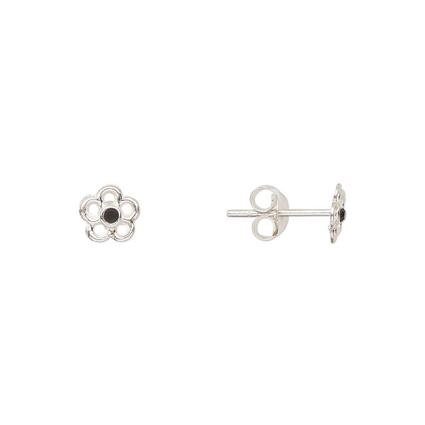 Earstud, Create Compliments®, sterling silver and crystal, jet, 6mm flower. Sold per pair. image number 0