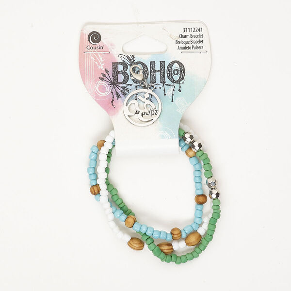 Bracelet, stretch, silver-finished steel / wood / acrylic, multicolored, 4-6mm wide with 19mm Om drop; 7 inches. Sold per pkg of 4. image number 0