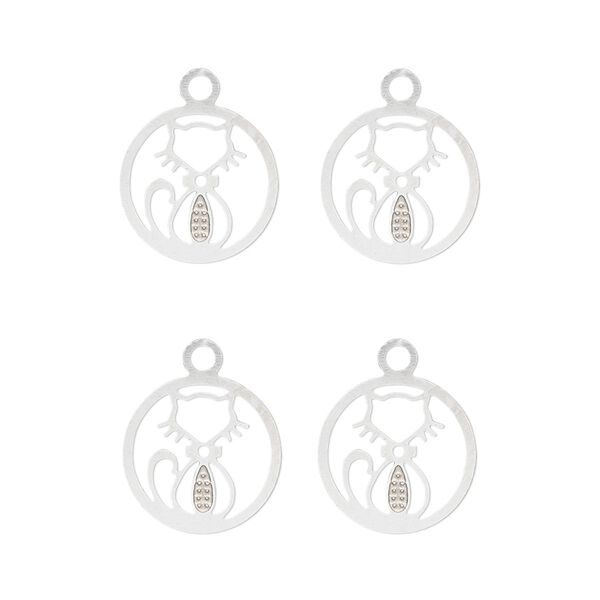 Drop, Lazer Lace™, stainless steel, 12mm two-sided flat round with cutout cat. Sold per pkg of 4. image number 0