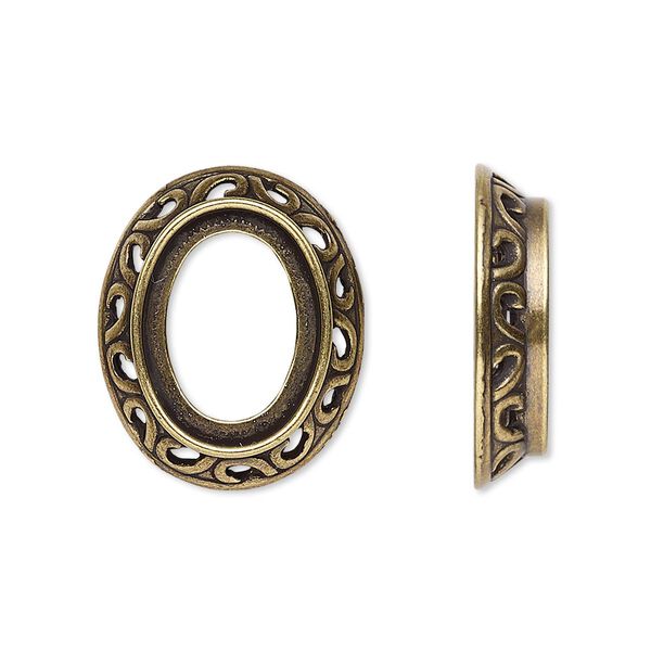 Component, antique gold-plated brass, 22x18.5mm oval with swirl design and 16x12mm oval setting. Sold per pkg of 4. image number 0