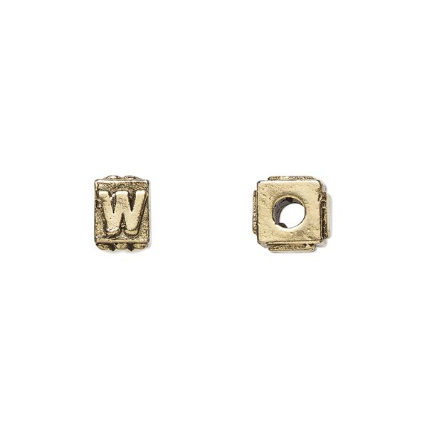 Bead, antique gold-plated pewter (tin-based alloy), 8x6mm rectangle with alphabet letter "W." Sold per pkg of 4. image number 0
