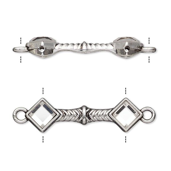 Link, glass rhinestone and antique silver-finished "pewter" (zinc-based alloy), clear, 31x9mm double-drilled bar with diamond design, fits up to 21.5mm bead. Sold per pkg of 10. image number 0