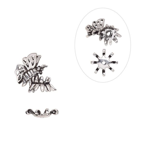 Bead cap, antique silver-plated bronze, 11mm butterfly and 10mm bottom cap, fits 8-10mm bead. Sold per 2-piece set. image number 0