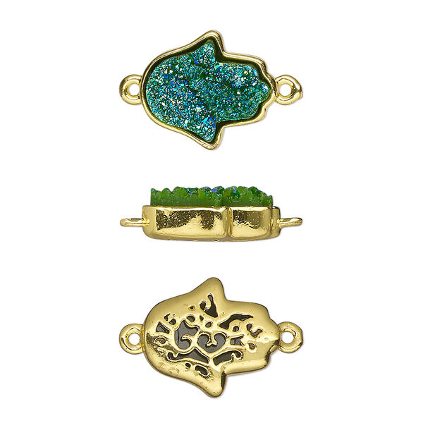 Link, Druzylite™, "druzy" (resin) and gold-finished brass, green, 14x12.5mm two-sided Hamsa hand with open filigree back. Sold per pkg of 4. image number 0