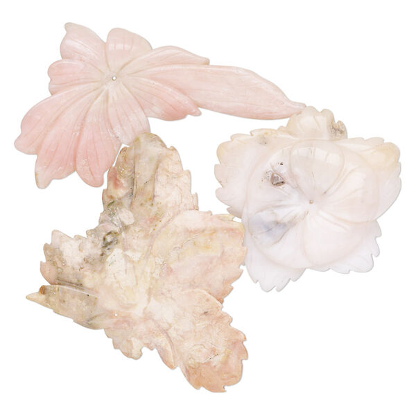 Focal mix, pink opal (natural), 2-1/2 x 1-1/2 inch - 4 x 2-1/2 inch top- and center-drilled carved flower and leaves, Mohs hardness 5 to 6-1/2. Sold per pkg of 3. image number 0