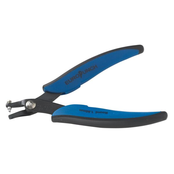 Hole punch pliers, EUROTOOL®, carbon steel and plastic, black and blue, 5-3/4 inches with 1.8mm round hole. Sold individually. image number 0