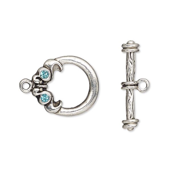 Clasp, toggle, glass rhinestone and antique silver-finished "pewter" (zinc-based alloy), aqua blue, 17x16mm round. Sold individually. image number 0
