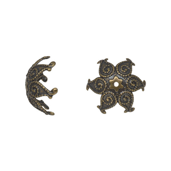 Bead cap, antique gold-plated brass, stamped, 15x7mm fancy star with swirl design, fits 15-20mm bead. Sold per pkg of 20. image number 0