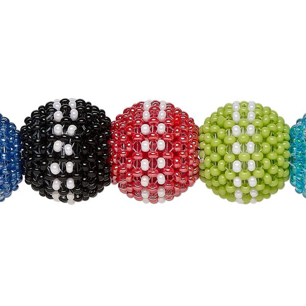 Bead, glass, opaque multicolored, 13mm round with dual vertical stripe design. Sold per pkg of 12. image number 0
