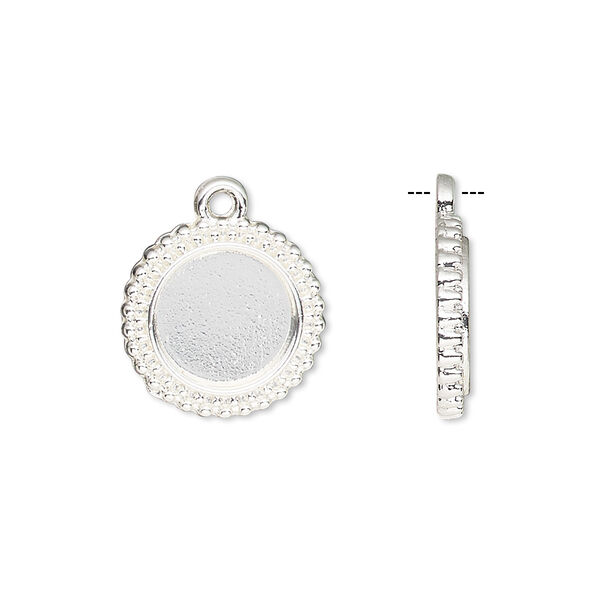 Drop, silver-finished brass, 15mm single-sided beaded round with 10mm round setting. Sold per pkg of 10. image number 0