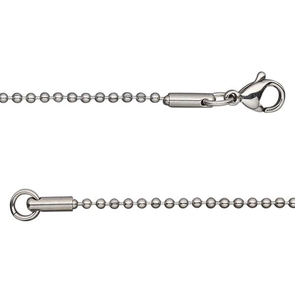 Chain, stainless steel, 1.5mm ball, 20 inches with lobster claw clasp. Sold individually. image number 0
