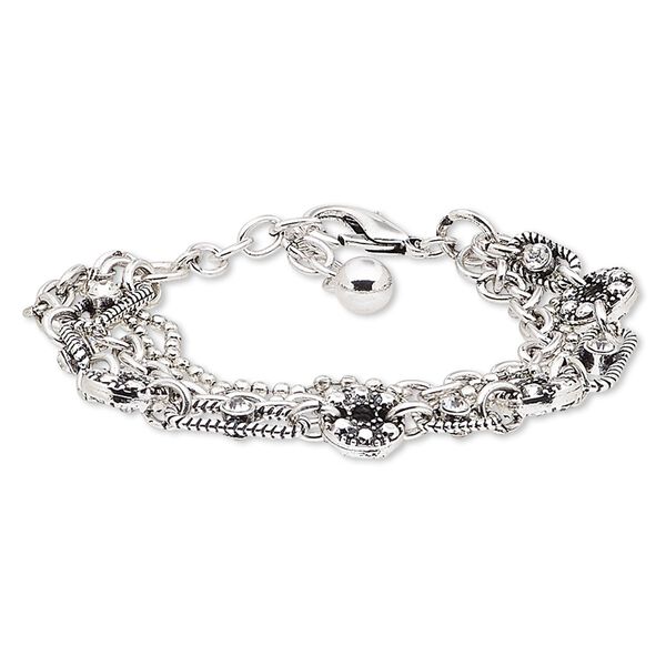 Bracelet, 4-strand, glass rhinestone / silver-plated steel / antique silver-plated brass / "pewter" (zinc-based alloy), clear, 16mm wide with round, 6-1/2 inches with 1-3/4 inch extender chain and lobster claw clasp. Sold individually. image number 0