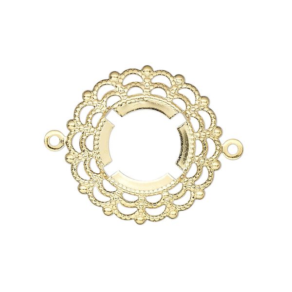 Link, gold-plated brass, 24mm round with 14mm 4-prong round setting. Sold per pkg of 12. image number 0