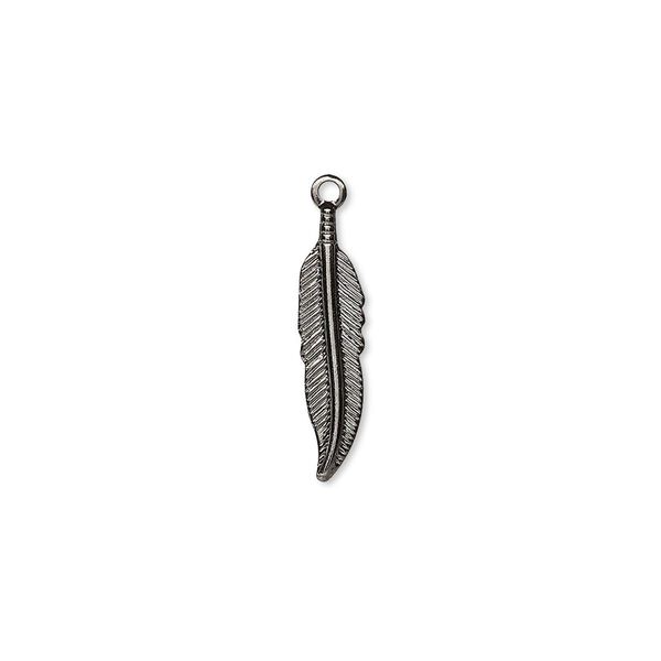 Charm, gunmetal-plated brass, 18x4mm single-sided feather. Sold per pkg of 100. image number 0