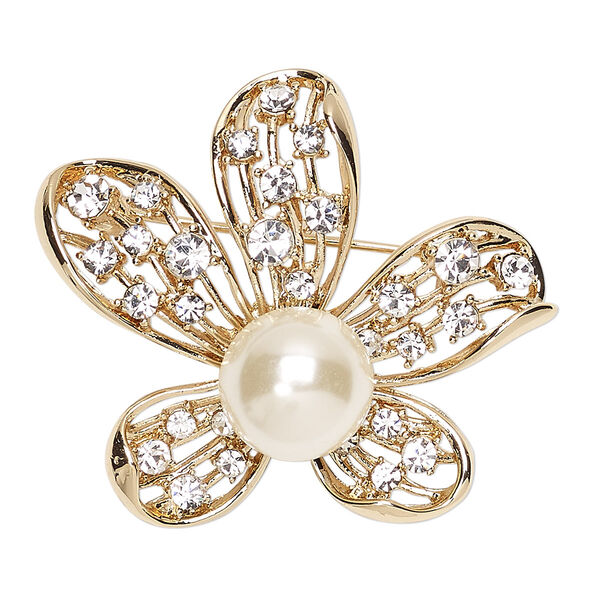 Brooch, glass rhinestone / glass pearl / gold-finished "pewter" (zinc-based alloy), white and clear, 43x37mm flower. Sold individually. image number 0