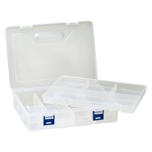 Organizer, plastic, frosted clear and blue, 8-3/4 x 6 x 2-1/4 inch rectangle with 8 compartments and removable tray with hang tab. Sold individually. image number 1