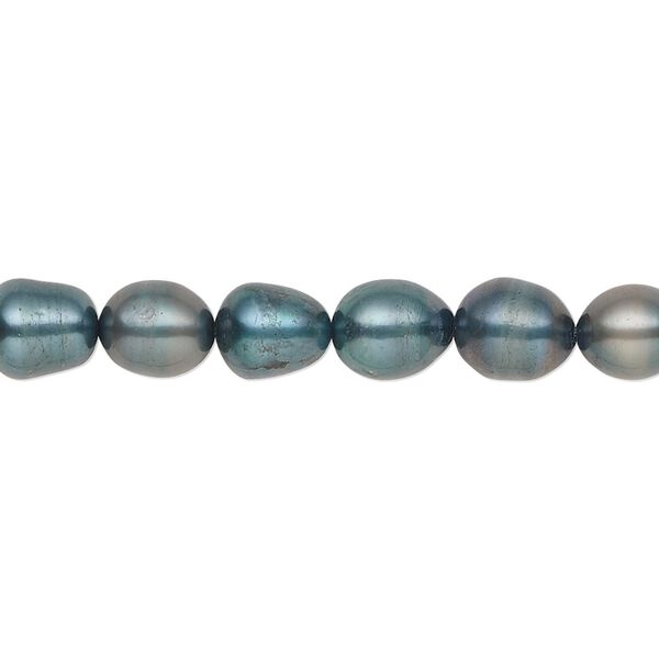 Pearl, cultured freshwater (dyed), iris green, 7-8mm rice, C grade, Mohs hardness 2-1/2 to 4. Sold per 16-inch strand. image number 0
