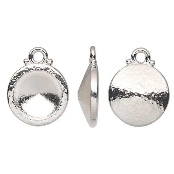 Drop, TierraCast®, Almost Instant Jewelry®, white bronze-plated pewter (tin-based alloy), 15mm hammered round with 12mm rivoli glue-in setting (1122). Sold per pkg of 2. image number 0
