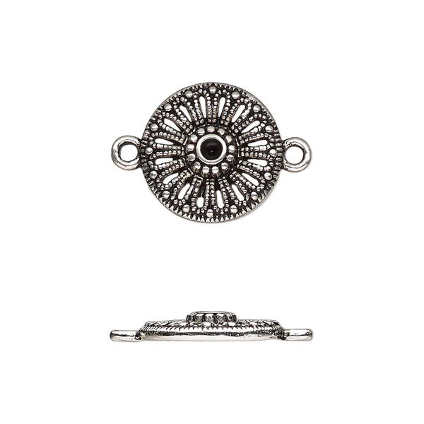 Link, antique silver-finished "pewter" (zinc-based alloy), 15mm single-sided round with cutout flower and beaded design. Sold per pkg of 20. image number 0