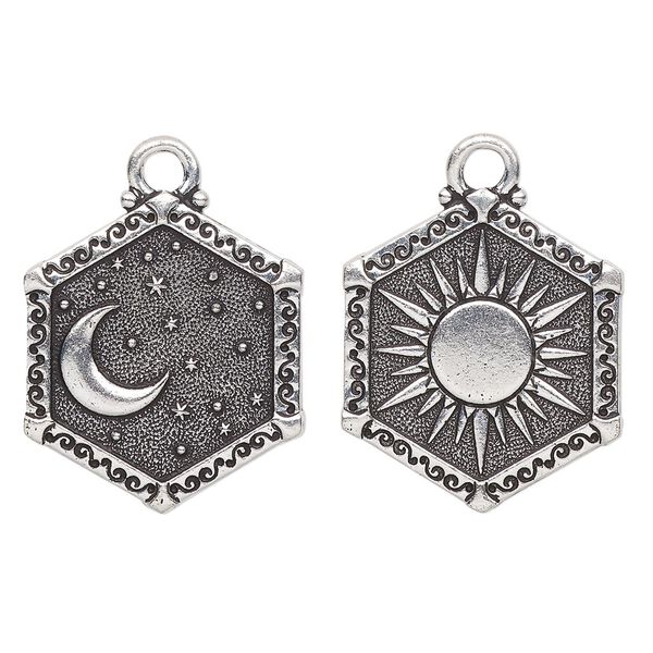 Charm, TierraCast®, "Celestial" collection, antique silver-plated pewter (tin-based alloy), 24.5x21.5mm 2-sided hexagon with sun and moon design. Sold pkg of 10. image number 0