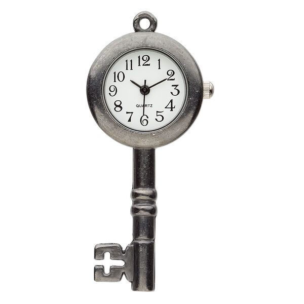 Watch face, stainless steel and gunmetal-plated "pewter" (zinc-based alloy), white and black, 50x25mm single-sided skeleton key. Sold individually. image number 0