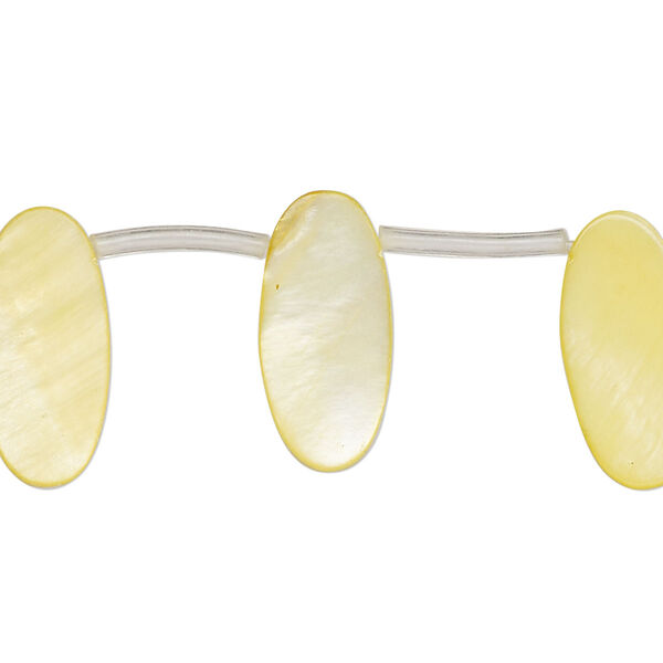 Bead, mother-of-pearl shell (dyed), yellow, 18x6mm-19x9mm top-drilled flat oval, Mohs hardness 3-1/2. Sold per 14-inch strand, approximately 20 beads. image number 0