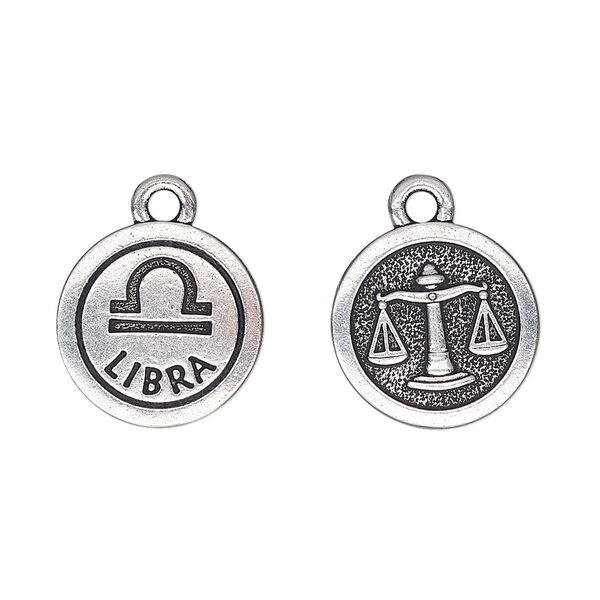 Charm, TierraCast®, antique silver-plated pewter (tin-based alloy), 15mm two-sided flat round with Libra zodiac sign and symbol. Sold per pkg of 20. image number 0