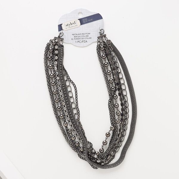Necklace component, 7-strand, glass rhinestone / gunmetal-coated plastic / gunmetal-finished steel / "pewter" (zinc-based alloy), clear, 18 inches. Sold individually. image number 0
