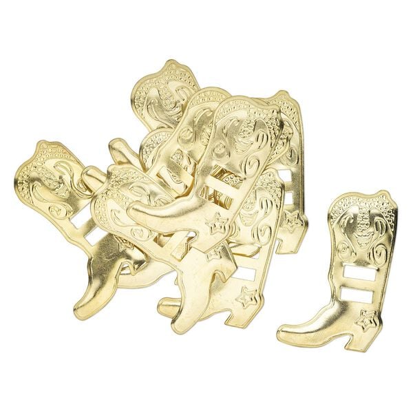 Slide, gold-finished steel, 53x34mm-54x35mm textured cowboy boot, (2) 10x4.5mm rectangle holes. Sold per pkg of 10. image number 0