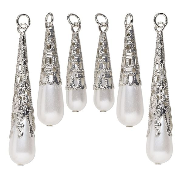 Focal mix, imitation rhodium-finished steel and acrylic, white pearl, 29x9mm-55x10mm teardrop with jump ring. Sold per pkg of 6. image number 0