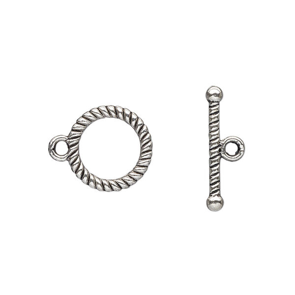 Clasp, toggle, antique silver-plated "pewter" (zinc-based alloy), 13mm double-sided round with rope design. Sold per pkg of 20. image number 0