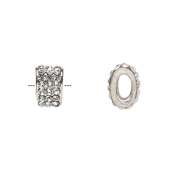 Bead, glass rhinestone and silver-finished "pewter" (zinc-based alloy), clear, 11x7mm oval with 6x3mm hole. Sold individually. image number 0