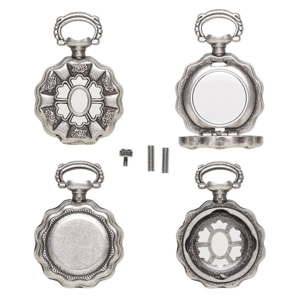 Watch body, acrylic and antique silver-finished "pewter" (zinc-based alloy), transparent clear, 41x27mm with 27mm round and flower design. Sold per 5-piece set. image number 0