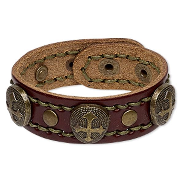 Bracelet, leather (dyed) with antique brass-plated steel and "pewter" (zinc-based alloy), brown and olive green, 24mm wide with 20x18mm teardrop and cross design, adjustable at 6 and 6-1/2 inches with snap closure. Sold individually. image number 0