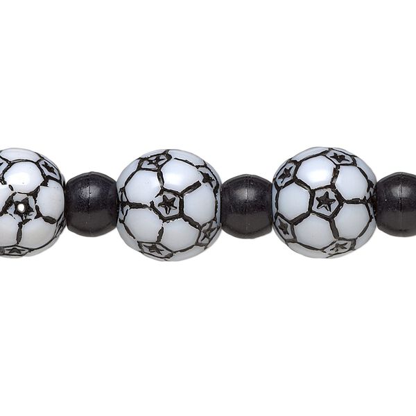 Bead, acrylic, black and white, 7x5.5mm crow and 11mm soccer ball. Sold per 8-inch strand. image number 0