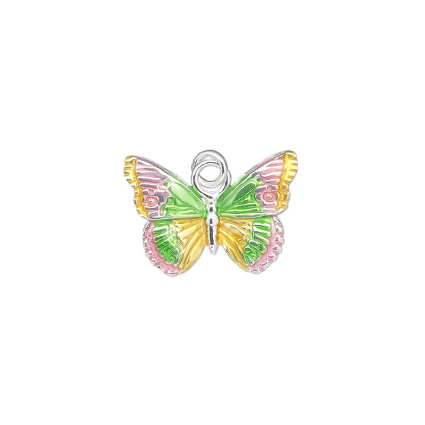 Charm, sterling silver and enamel, pink / yellow / green, 18x13mm single-sided butterfly. Sold individually. image number 0
