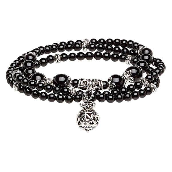 Bracelet, stretch wrap, black onyx (dyed) and antique silver-plated "pewter" (zinc-based alloy), 4-8mm graduated hand-cut round and 11mm hand-cut round, 7-1/2 inches. Sold individually. image number 0