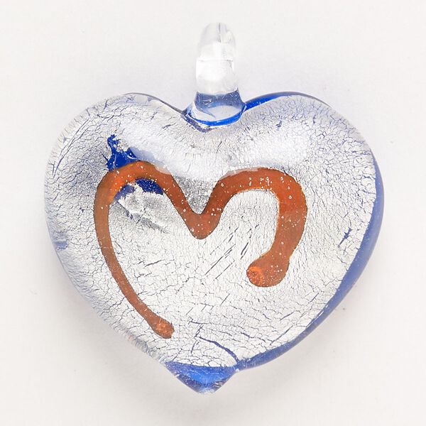 Focal, lampworked glass, pkg/1, opaque cobalt blue and red with silver-colored foil, 33x29mm-36x32mm puffed heart with heart design. image number 0