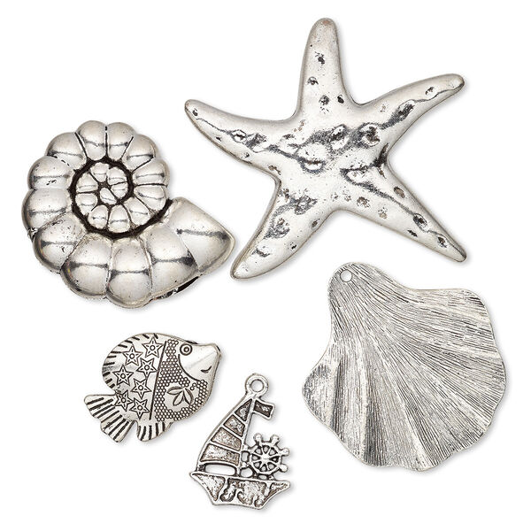 Focal / bead / charm, antique silver-plated "pewter" (zinc-based alloy), 24x22mm-59x55mm single- and double-sided assorted sea life. Sold per pkg of 5. image number 0