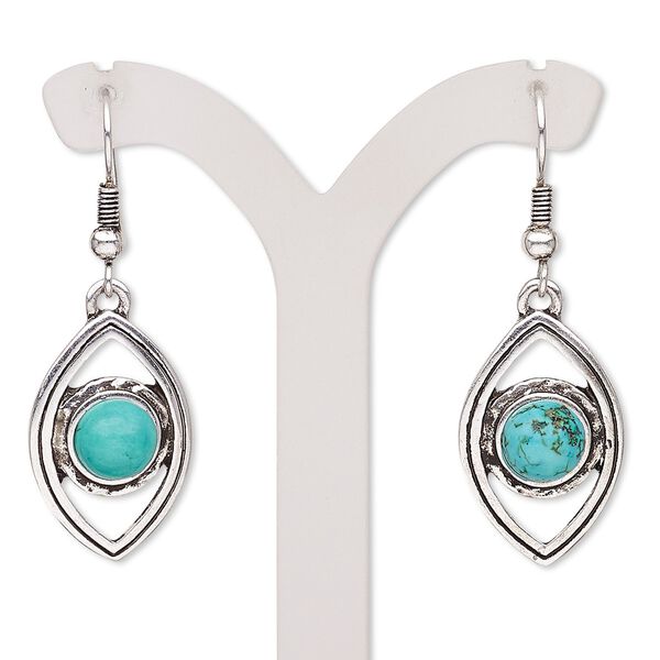 Earring, magnesite (dyed / stabilized) with antique silver-plated brass and "pewter" (zinc-based alloy), blue, 45mm with marquise and fishhook ear wire. Sold per pair. image number 0