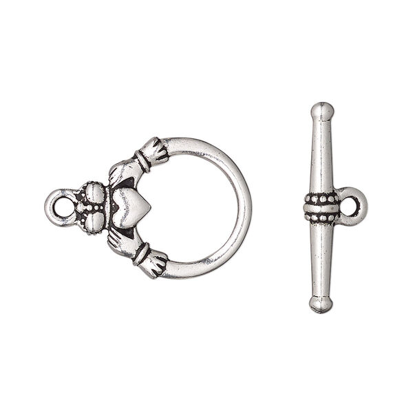 Clasp, TierraCast®, toggle, antique silver-plated "pewter" (tin-based alloy), 19x15.5mm double-sided Claddagh. Sold per pkg of 10. image number 0