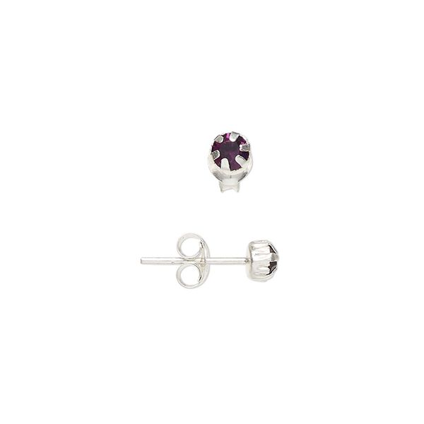 Earring 1pkg2 sterling silver, 4mm round earstud / earnuts, glass amethyst purple 1 pair image number 0