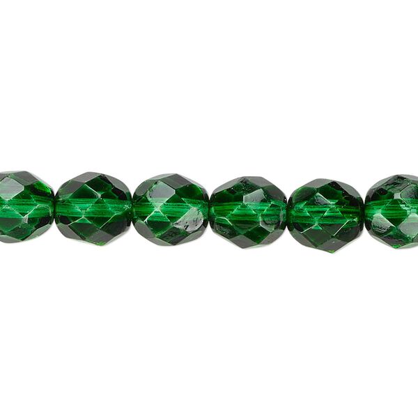 Bead, Czech fire-polished dipped décor glass, emerald green, 8mm faceted round. Sold per 15-1/2" to 16" strand, approximately 50 beads. image number 0