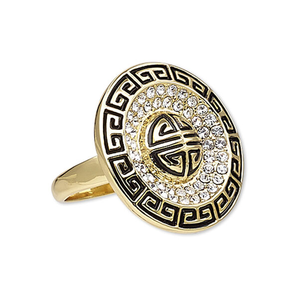 Ring, Austrian crystal / enamel / gold-finished "pewter" (zinc-based alloy), black and clear, 26mm round with Greek key design, size 9. Sold individually. image number 0