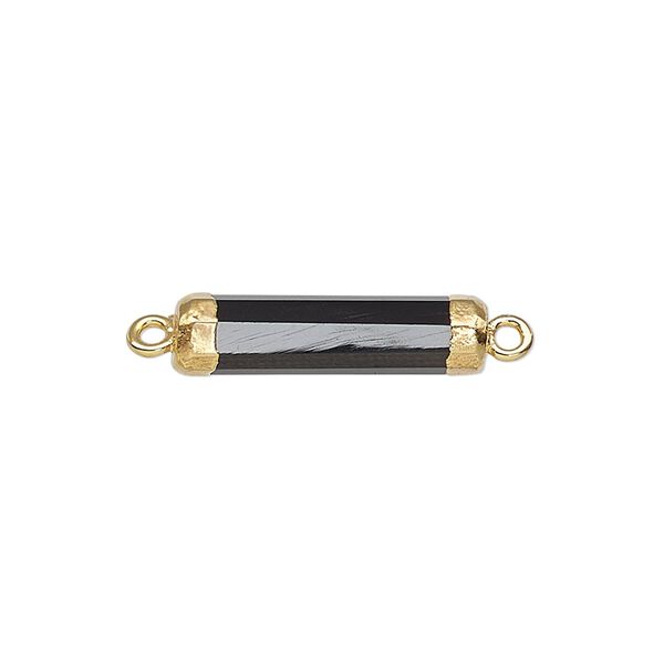 Link, black onyx (dyed) / electroplated gold / gold-plated sterling silver, 20x5mm-21x6mm hand-cut faceted tube. Sold individually. image number 0