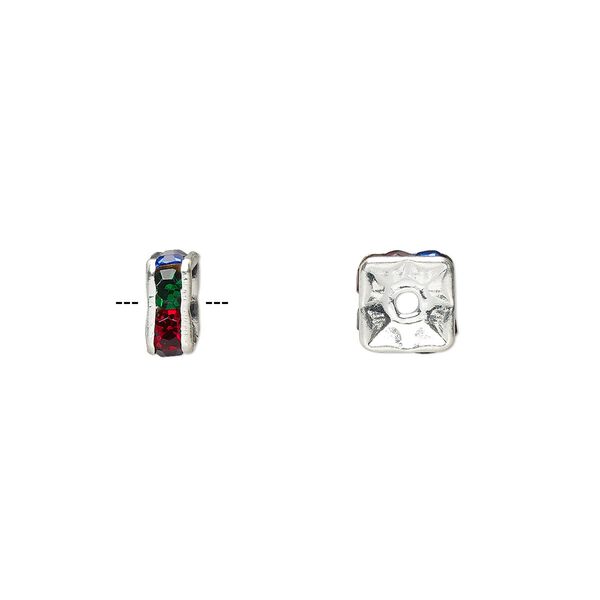 Bead, glass rhinestone and silver-plated brass, multicolored dark, 6x3mm squaredelle. Sold per pkg of 10. image number 0
