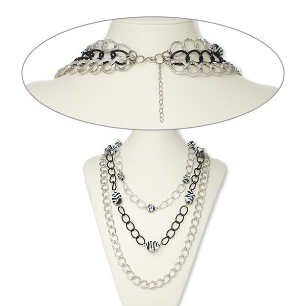 Necklace, acrylic / aluminum / black- / imitation rhodium-plated aluminum / steel, black and white, round with stripes, 21 inches with 2-inch extender chain and lobster claw clasp. Sold individually. image number 0