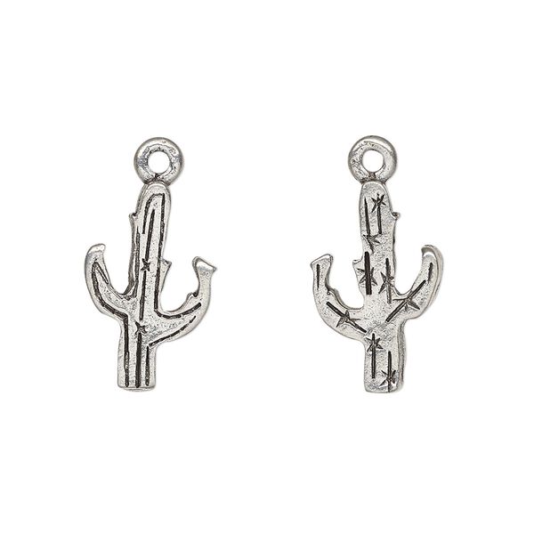 Charm, antiqued pewter (tin-based alloy), 17.5x11mm double-sided cactus. Sold per pkg of 2. image number 0